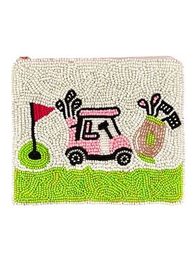 Beaded Golf Cart Coin Purse, Golf Bag Golf Clubs Golf Ball Lily Posh